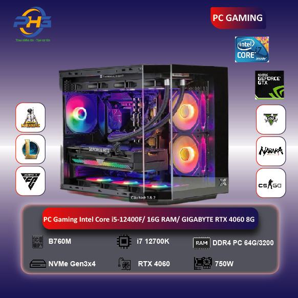 Bộ PC Gaming Intel Core I7-12700K/ 64G RAM/ GIGABYTE RTX 4060 8G